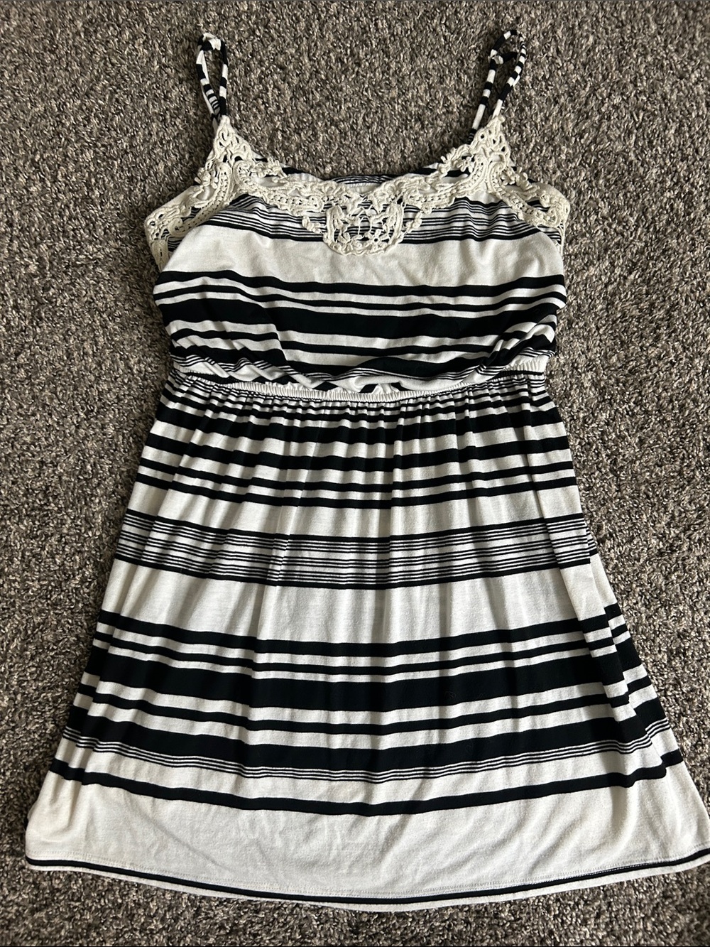 Speechless Black and White Striped Crochet-Trim Sundress
